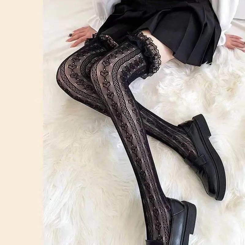 Women Sexy Lace Top Floral Rattan Fishnet Stockings Long Tube Mesh Over Knee Body Stockings Thigh High Hosiery Goth Long Socks
