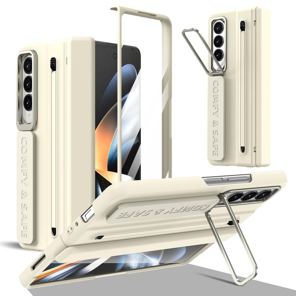 Folding Case with Stylus for Samsung Z Fold 4 5 6 7 Aluminum Alloy Lens Frame Holder Silicone Built-in Strap Glass Screen Film