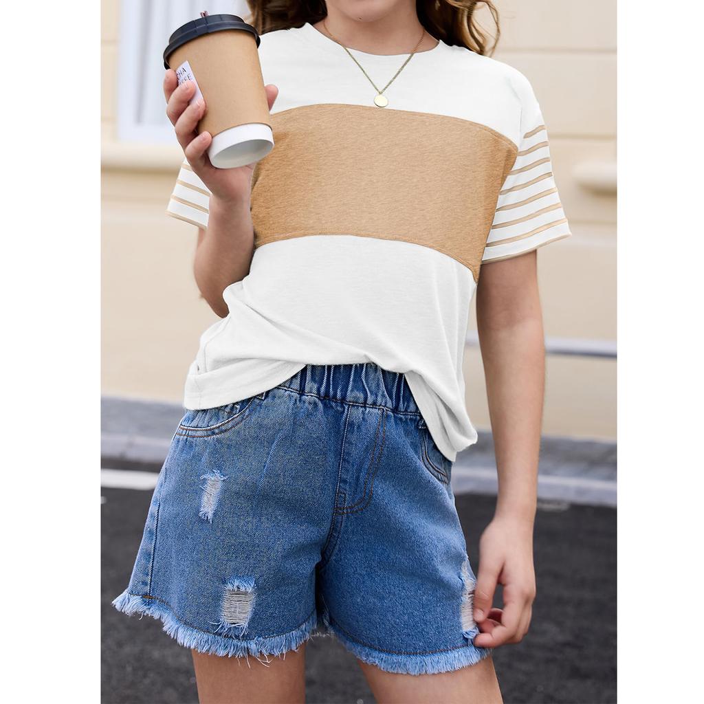 Girls Summer Shirts Short Sleeve Color Block Tops