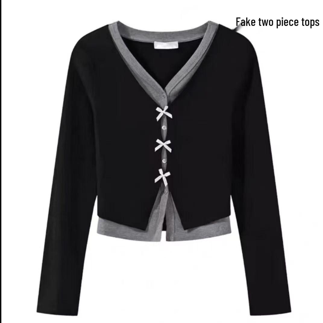 

Women s V-Neck Color Block Long Sleeve Cardigan - Early Autumn Casual Slim Fit Two-Piece Style Small