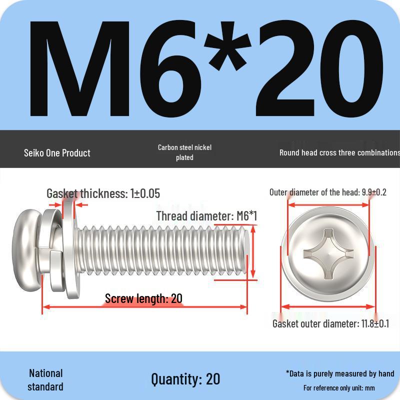 Nickel-Plated Phillips Pan Head Screw with Washer, M2-M6 Thread