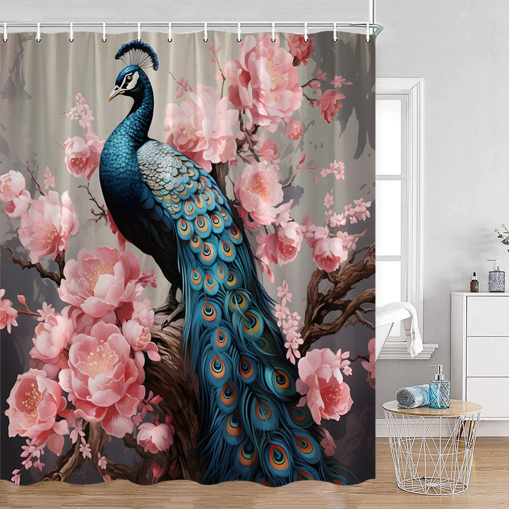 Peacock Shower Curtain Modern Oil Paniting Animals Flowers Plants Floral Bathroom Decor Elegant Fabric Bath Curtains with Hooks