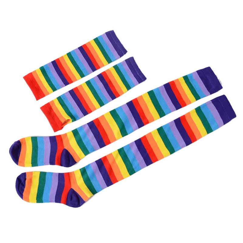Colorful Rainbow Stockings Cute Thigh Over Knee Dance Socks Striped Arm Warmer Gloves Christmas Gifts Cosplay Costume
