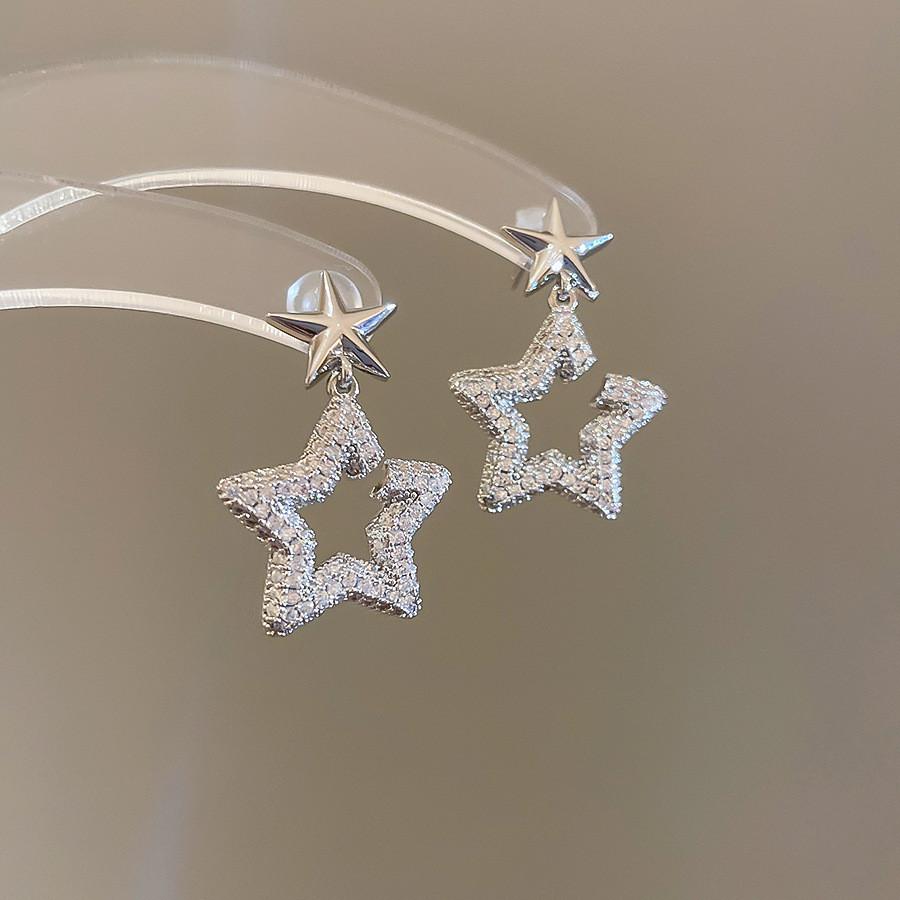 Silver Star Pendant Earrings With Cubic Zirconia For Women Trendy Ear Jewelry