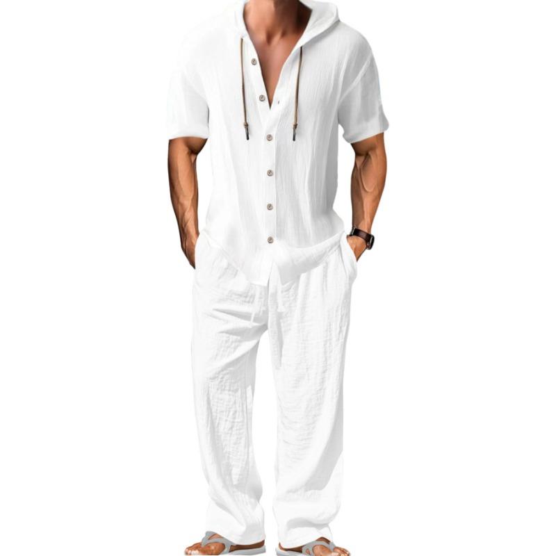 

Mens Casual Short Sleeve Hooded Shirt And Pants Two Piece Set S белый