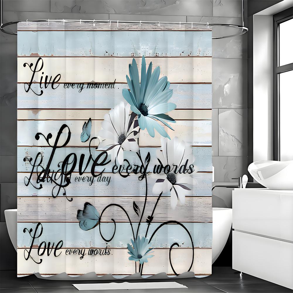 Blue White Daisy Butterfly Wood Panel Quote Shower Curtain, Bathroom Decorative Shower Curtain, Waterproof Shower Curtain with H