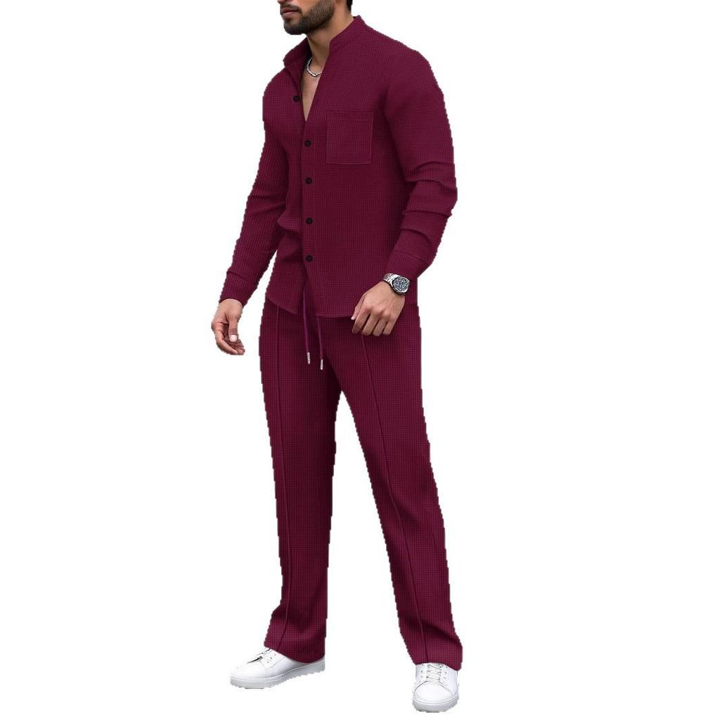 Men's European Autumn Waffle Knit Stand Collar Cardigan & Long Pants Set