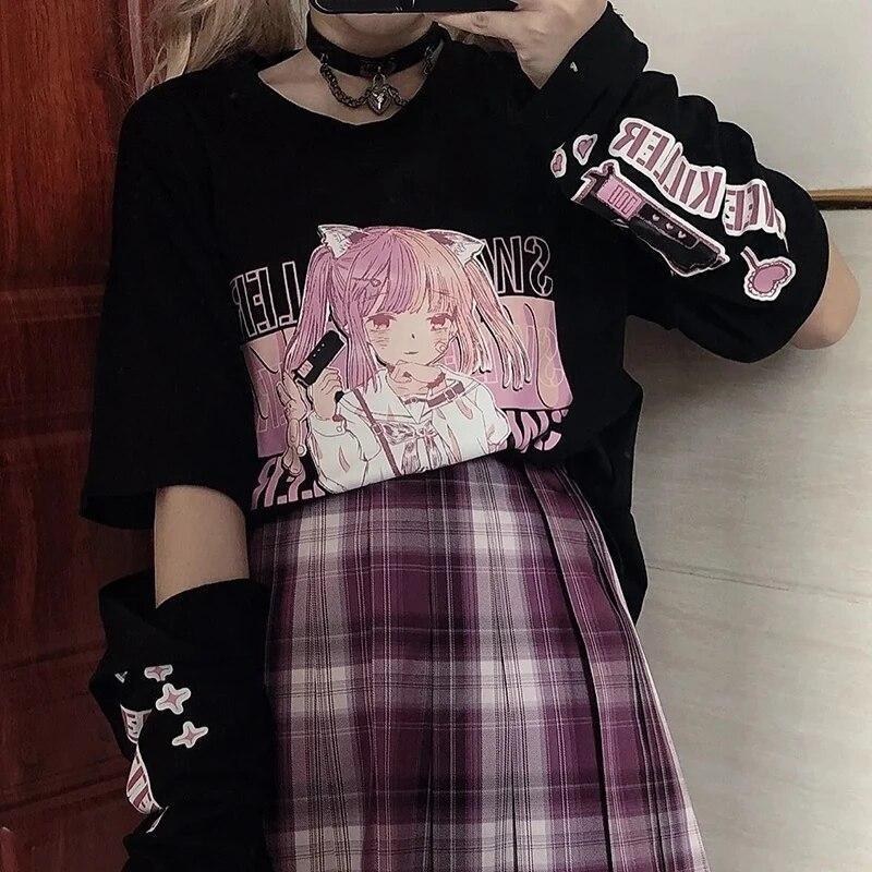 2KWEIRD Japanese Anime Print Graphic T-Shirt Women Summer Goth Top Mujer Split Sleeves Girl Y2k Clothes Aesthetic Harajuku Kawaii Tees