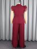 Curvy Women's Wine Red Ruffle Sleeve Suit: Waist-Cinched Slimming Pleated Wide-Leg Pants Set
