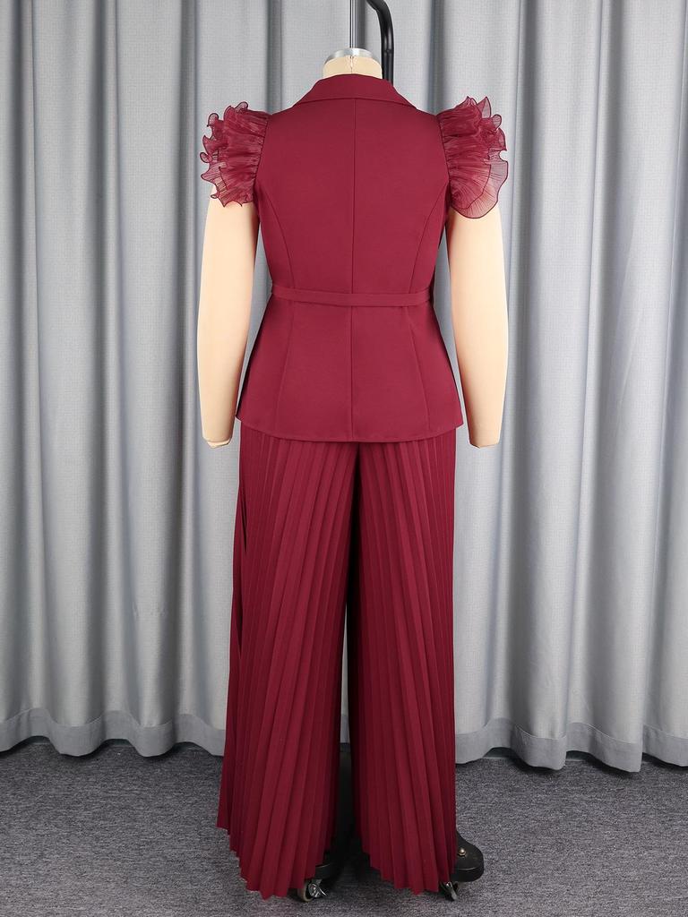 Curvy Women's Wine Red Ruffle Sleeve Suit: Waist-Cinched Slimming Pleated Wide-Leg Pants Set