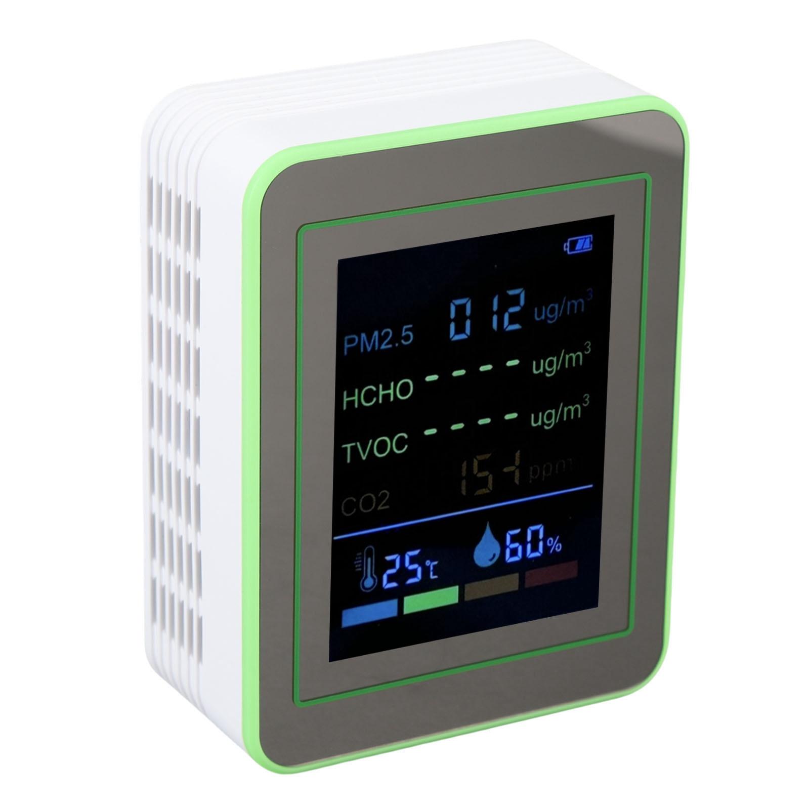 

Air Quality Meter 6 in 1 CO2 PM2.5 HCHO TVOC Temp Humid Smart Detect Tester Indoor Battery Powered Black and Green White and Green