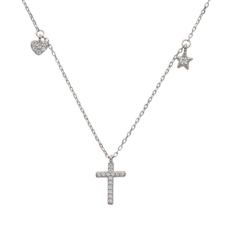 Full Diamond Cross Necklace Female Ins Temperament Light Luxury Star Moon Guardian Collarbone Chain Necklace