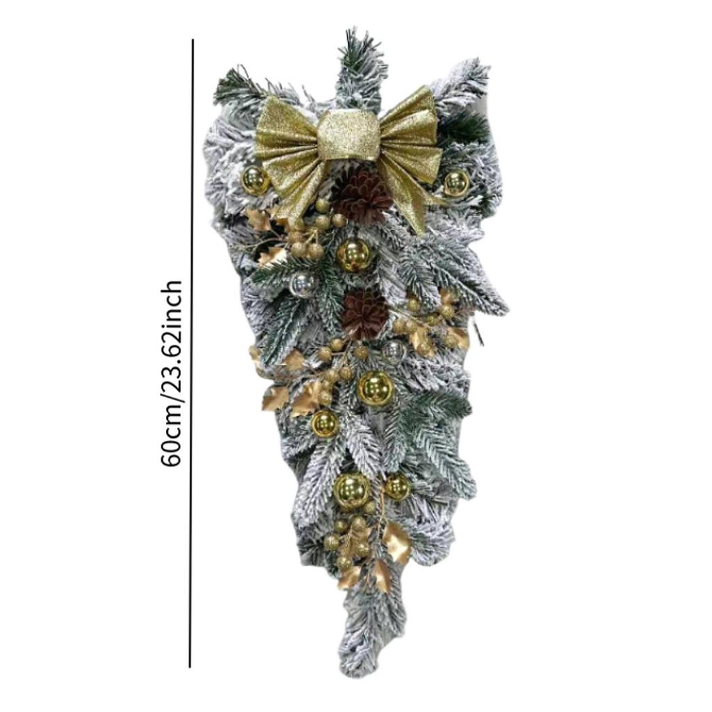 Christmas Teardrop Bow Swag Flocked Wreath Realistic Artificial Wreath for Front Door Stairs Holiday Christmas Decoration