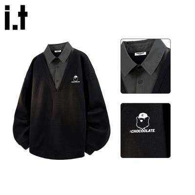 CHOCOOLATEit Men's Fake Two-Piece Polo Collar Long Sleeve Sweatshirt