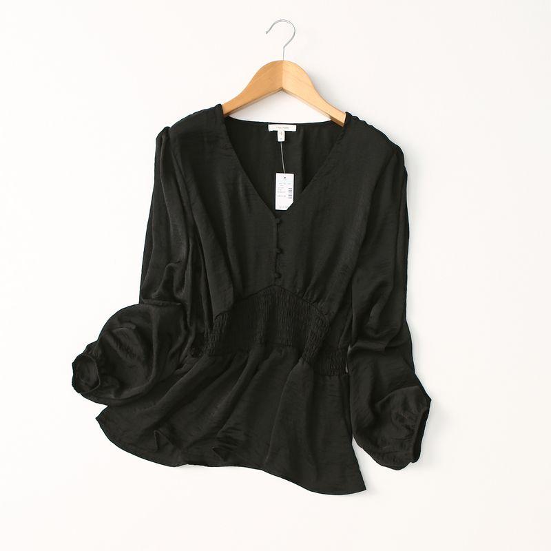 Export Plus Size Women's Glossy V-neck Shirt Dark Grain Design Blouse Waist-Tight Satin Plus Size Ladies Chiffon Top