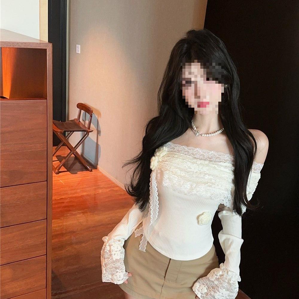 Korean Style One-Shoulder Lace Flower Long Sleeve Slimming Top