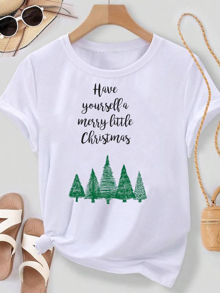 (Asian Size) Lovely Watercolor Cute Merry Christmas New Year Women's Top T Tee Festival O-neck Clothing Print Fashion Ladies Graphic T-shirts