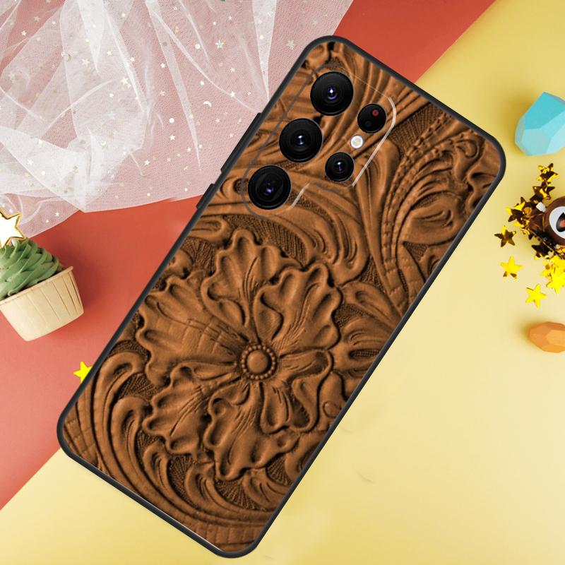 Brown Hand Tooled Western Phone Case For Samsung Galaxy S25 Ultra S23 S21 S20 S22 S24 FE S9 S10 Plus Cover Coque