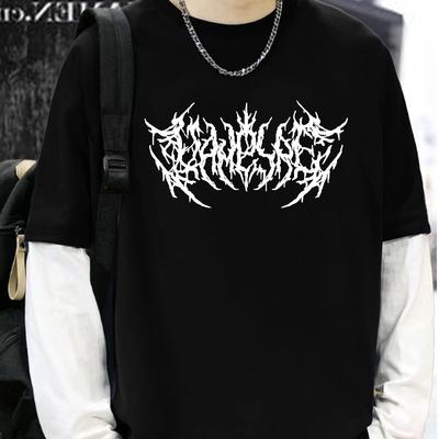 Dark Gothic Print Men's Color Matching Fake Two Casual Loose Long Sleeve T-shirts
