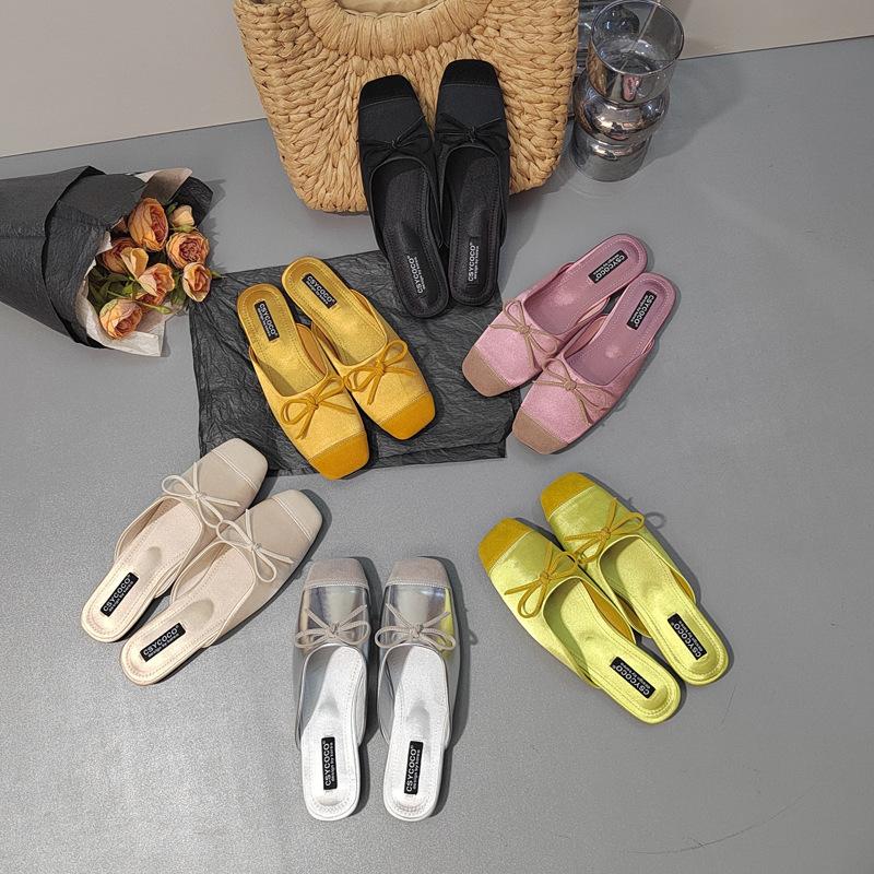 Wind Color Matching Dopamine Candy Color Flat-bottomed Slippers French Age-reducing Bow Fairy Satin Bag Head Slippers