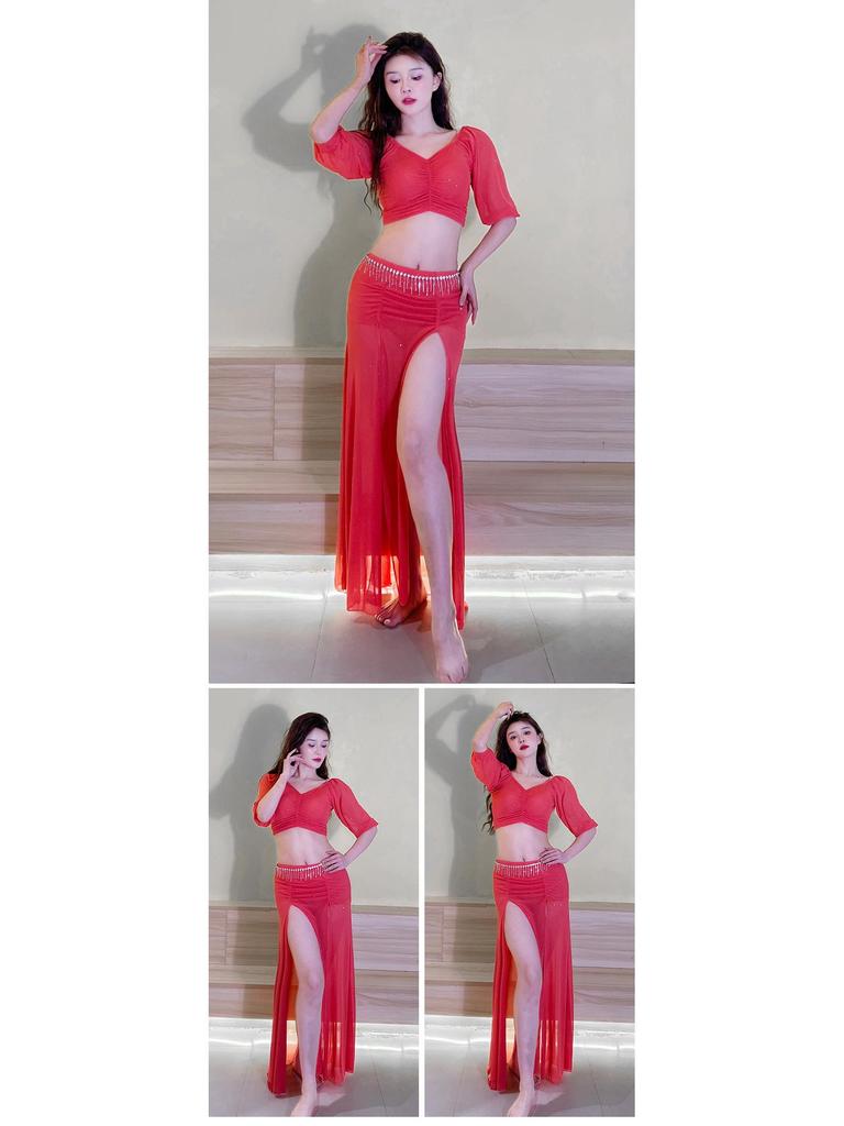 2024 Übergröße Schlankmachendes Netzoberteil Bauchtanz Übungs- & Bühnenkostüm