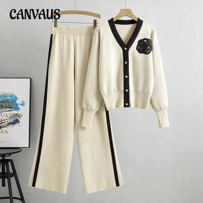Autunno e inverno donna taglie forti maglione set scollo a V manica lunga cardigan top pantaloni larghi gamba tuta