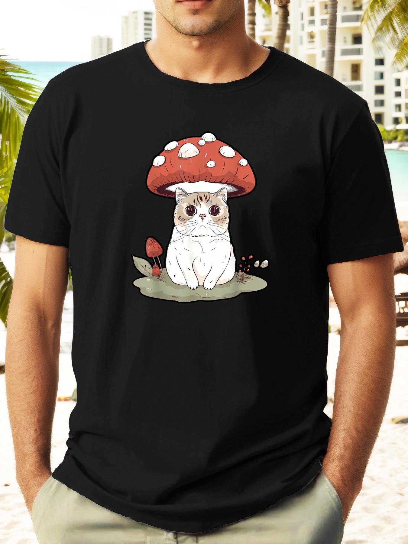 T-shirt with Whimsical Mushroom & Cat Graphic - Vibrant Green Summer Tee S