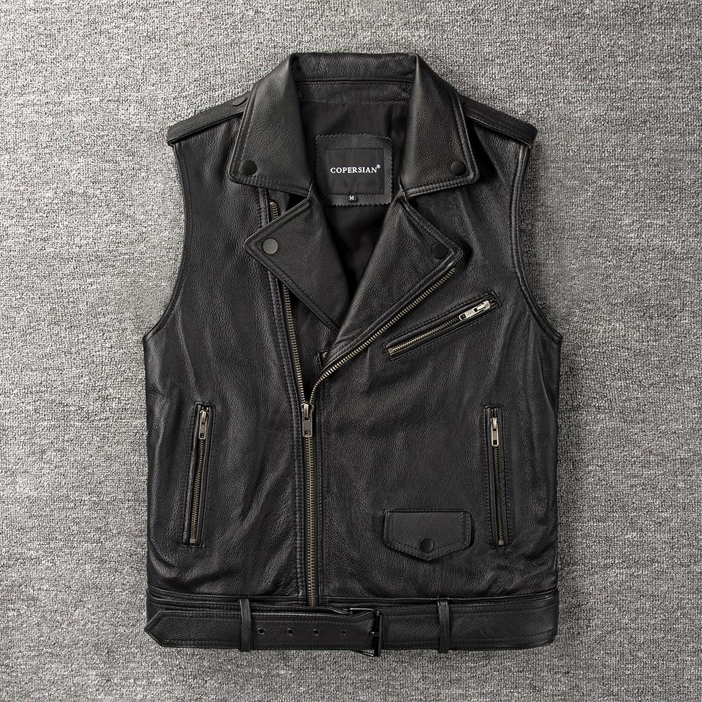 

Classic Black Motorcycle Vest Men Genuine Cow Leather Sleeveless Jackets Man Slim Motor Biker Vests Belt S чёрный