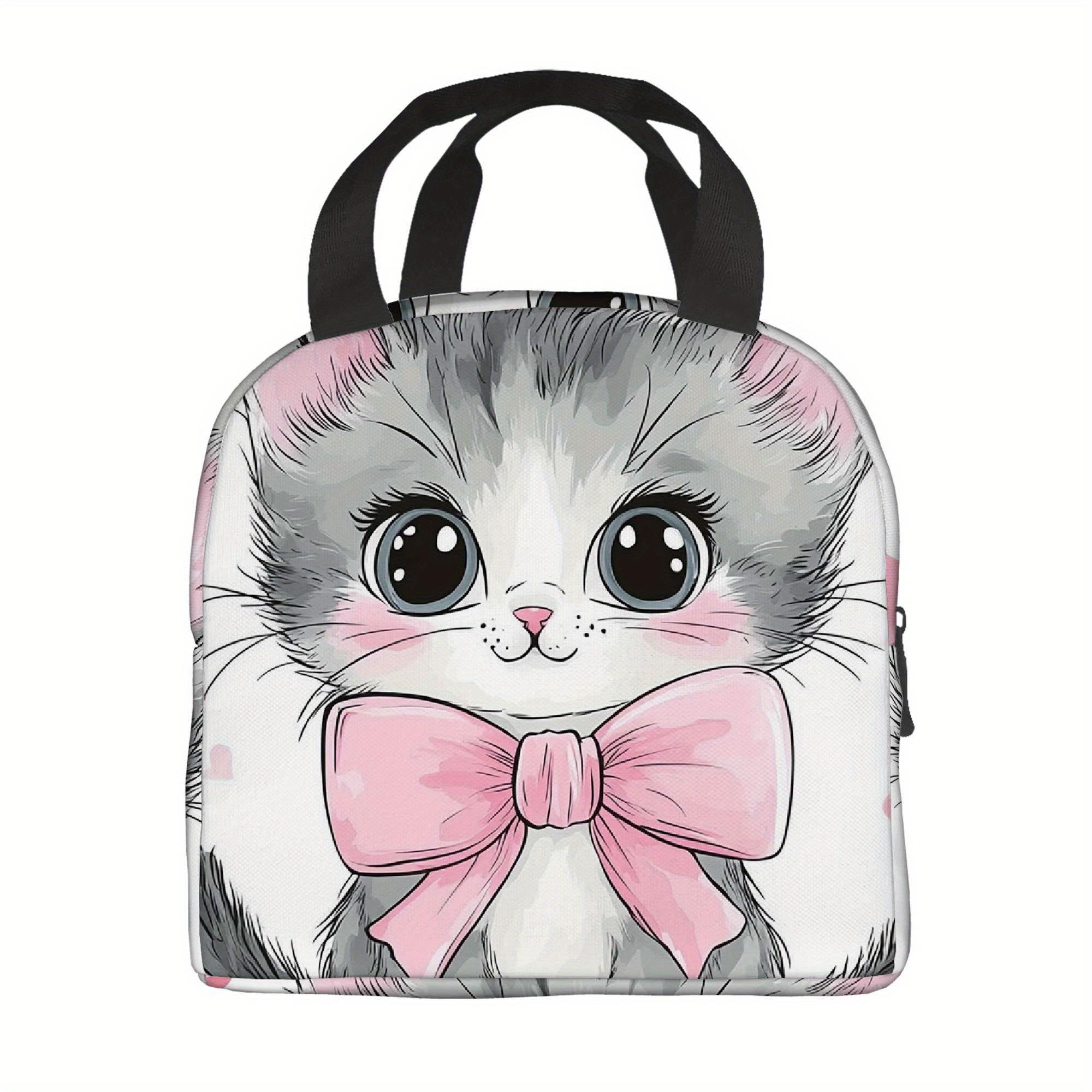1pc Cute Kitten with Pink Bow Surrounded by Hearts Printed Thermal Bag, Insulation Bag, Insulated Bag, No Food Contact one size