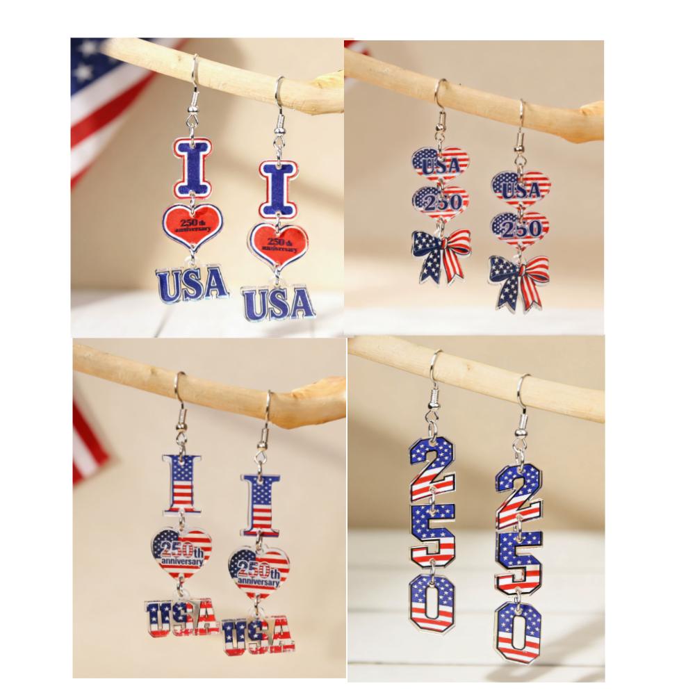4pcs American Flag Earrings Silver Patriotic Star Dangle Earrings Windmills Independence Day Jewelry Gift for Women Veterans