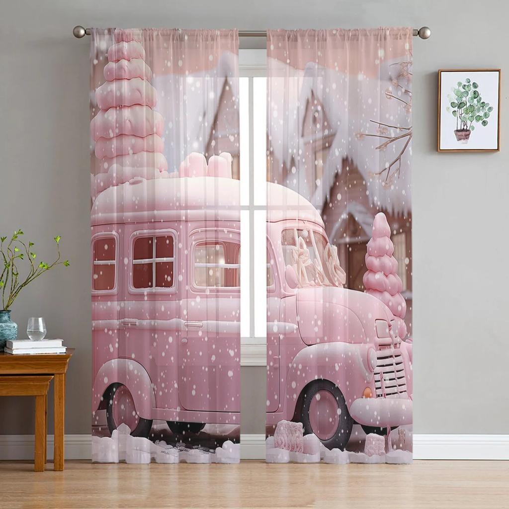 Vánoční sněhulák sněhová scéna růžový dům okno tylové záclony do obývacího pokoje kuchyně vánoční domácí dekorace průsvitné voálové záclony