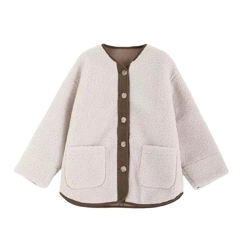 Abrigo de piel de cordero retro grueso en contraste para mujer, abrigo tipo cárdigan holgado de cuello redondo y largo medio para invierno