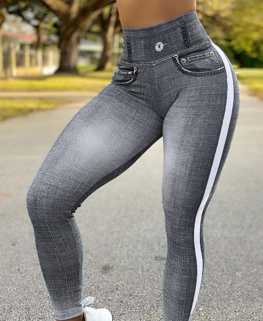 2024 Autumn Winter Women's High Waist High Elastic Imitation Denim Leggings Solid Color Fitness Sports Yoga Pants