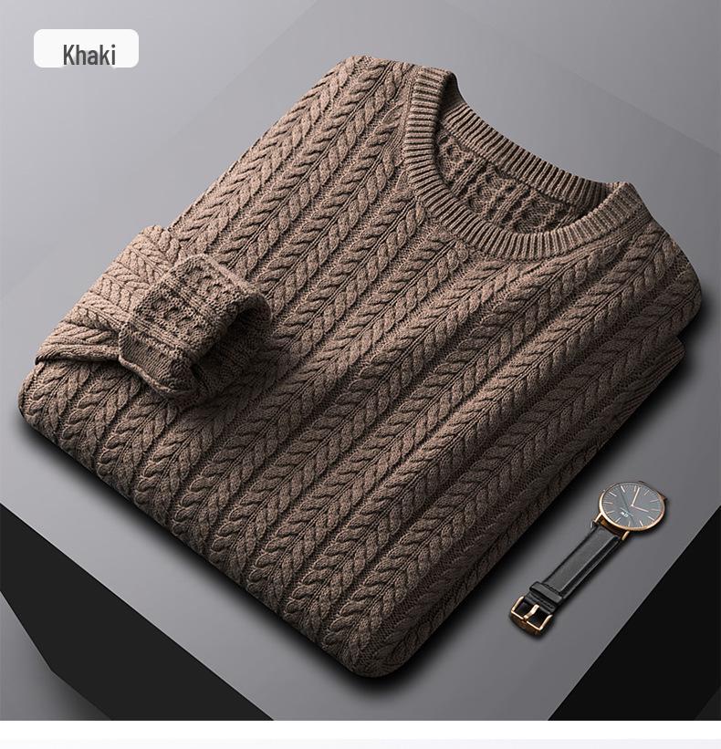 Men's Luxury All-Cotton Knitted Pullover - Thick, Solid Color, Velvet-Lined Cable Knit for Autumn and Winter