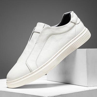 Men's Casual Leather Loafers: Slip-On, Elastic Band, Stylish British Fashion, Versatile and Youthful White Shoes for Outdoor Wear.