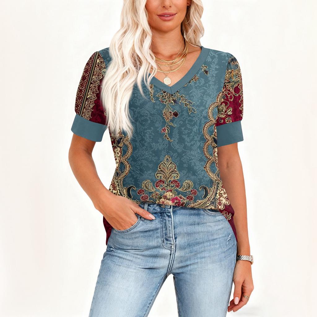 Damen Mode Lässig V-Ausschnitt Kurzarm Druck Hemd Damen Oberteile