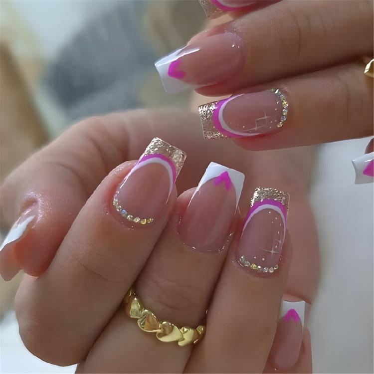 

24 Pcs Heart Full Cover False Nail French Tip Acrylic Nail Valentines Day Press On Nail Rhinestones Stick on Nail 1