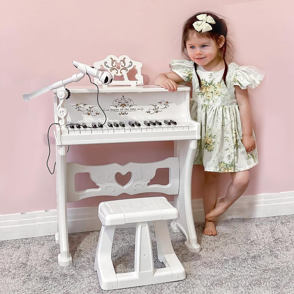 37 Keys Kids Piano Mini Electronic Keyboard Light Kids Musical Instrument Educational Game Children Grand Piano Toy Set w/Stool & Microphone & Music