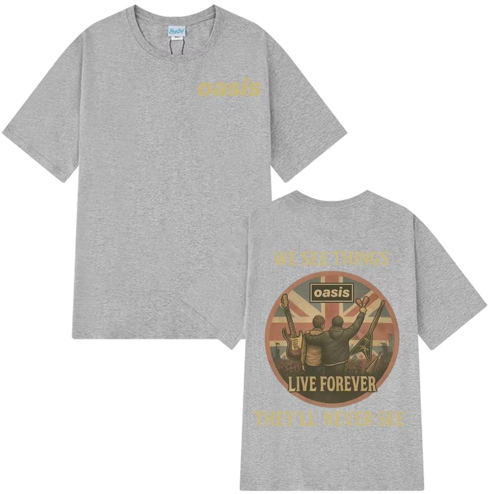 Oasis Live Forever Back Vintage Print T Shirt Men Women Pop Music Hip-hop T-shirts Short-sleeved Casual Loose T-shirts Ins Y2k