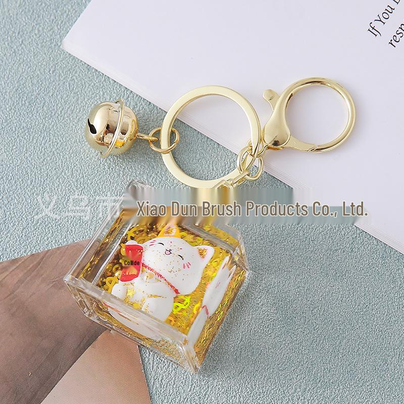 Crystal Gold Lucky Cat Keychain Pendant – Flowing Sand Figurine Ornament