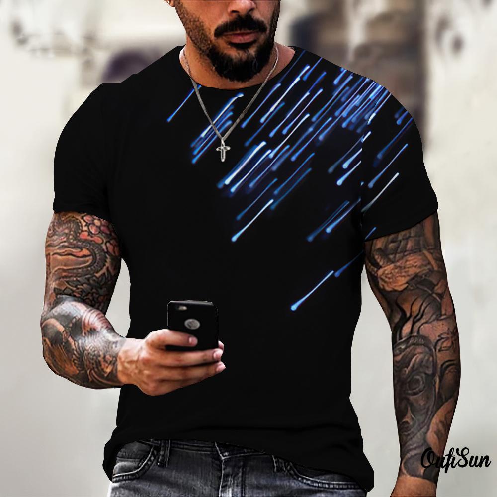 Summer Round Neck Abstract Brush Stroke 3D Print Top Fashionable Casual Short Sleeved Men's T-shirts