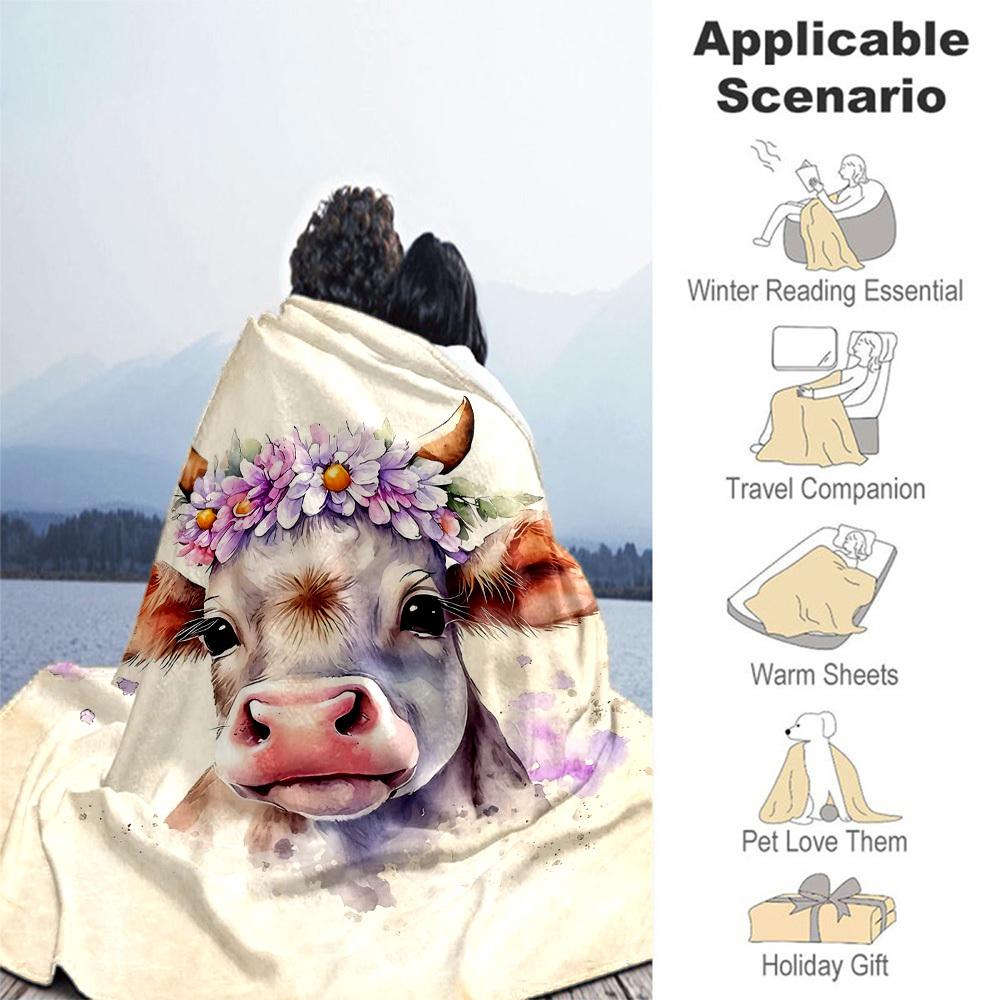 1pc cow, floral Outdoor Flannel Blanket Soft Warm All-Season Throw for Sofa Bed Car Camping Office, Cozy Gift Idea1324S