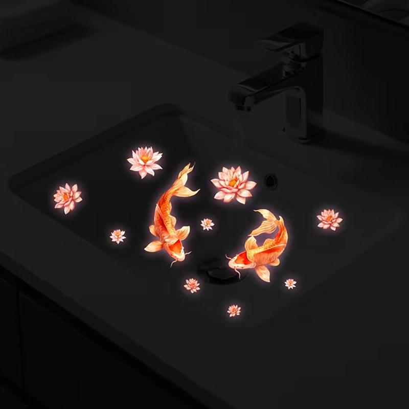 Feng Shui Koi Leuchtende Glasaufkleber Waschbecken Aufkleber Toiletten Aufkleber Spülbecken Aufkleber Selbstklebend Abnehmbar Heimdeko