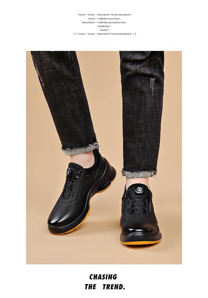 Laorentou Men's Genuine Leather Slip-On Running Shoes with Breathable Mesh and Rotating Buckle.