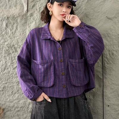 DIMANAF 2025 Mantel Kurze Jacke Damen Langarm Taschen Mode Retro Print Oberteile T-Shirts Locker Neue