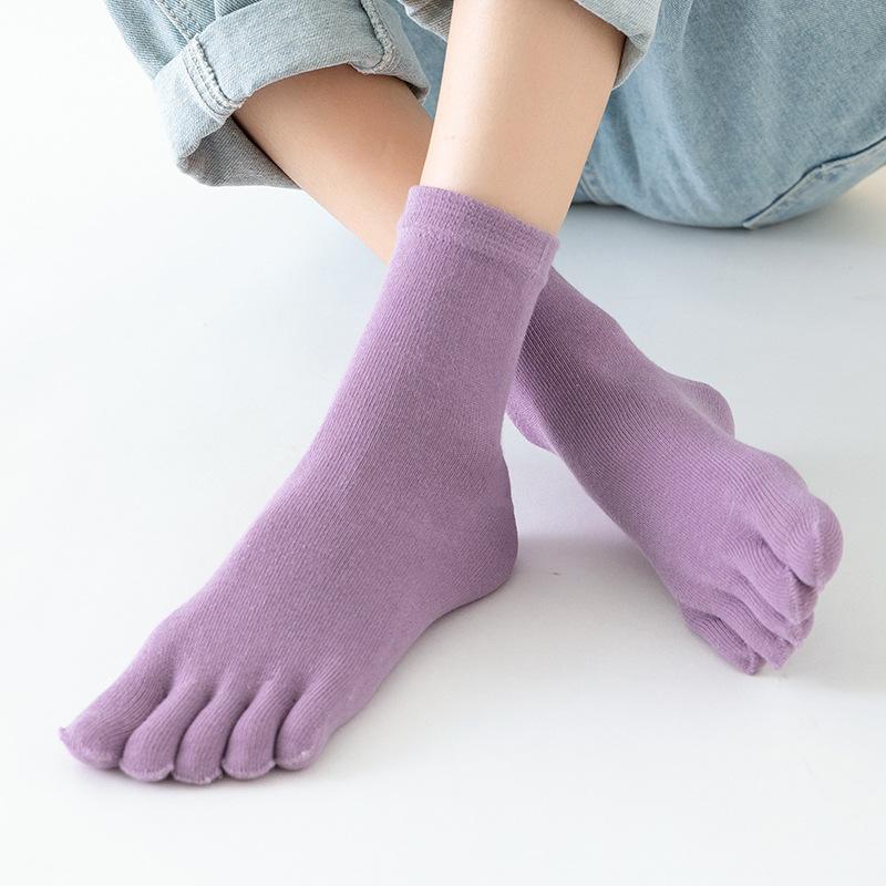 

1 пара однотонных хлопковых носков с пятью пальцами, женские носки, осенне-зимние дышащие носки 1pair фиолетовый