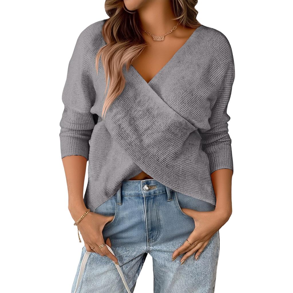 Women's Relaxed Patchwork V,neck Loose Long,sleeved Polyester Sweater