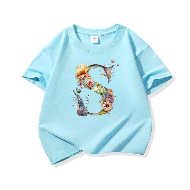 Kids Cotton T Shirt Floral Letter S Print Crew Neck Short Sleeve Tee Casual Boys Girls Summer Tops