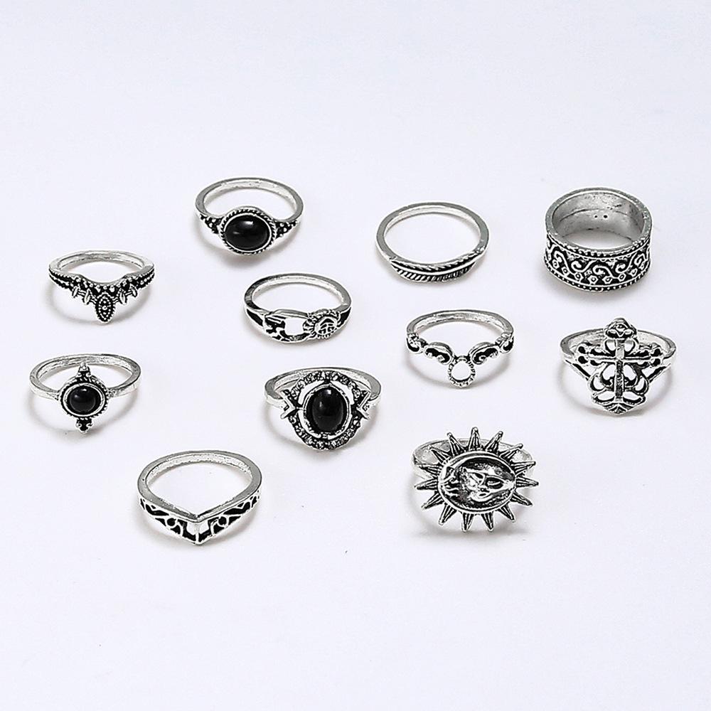 European and American Ornament Hollow-carved black gemstone micro-set diamond ring, sun smiley face ring, women's jewelry set