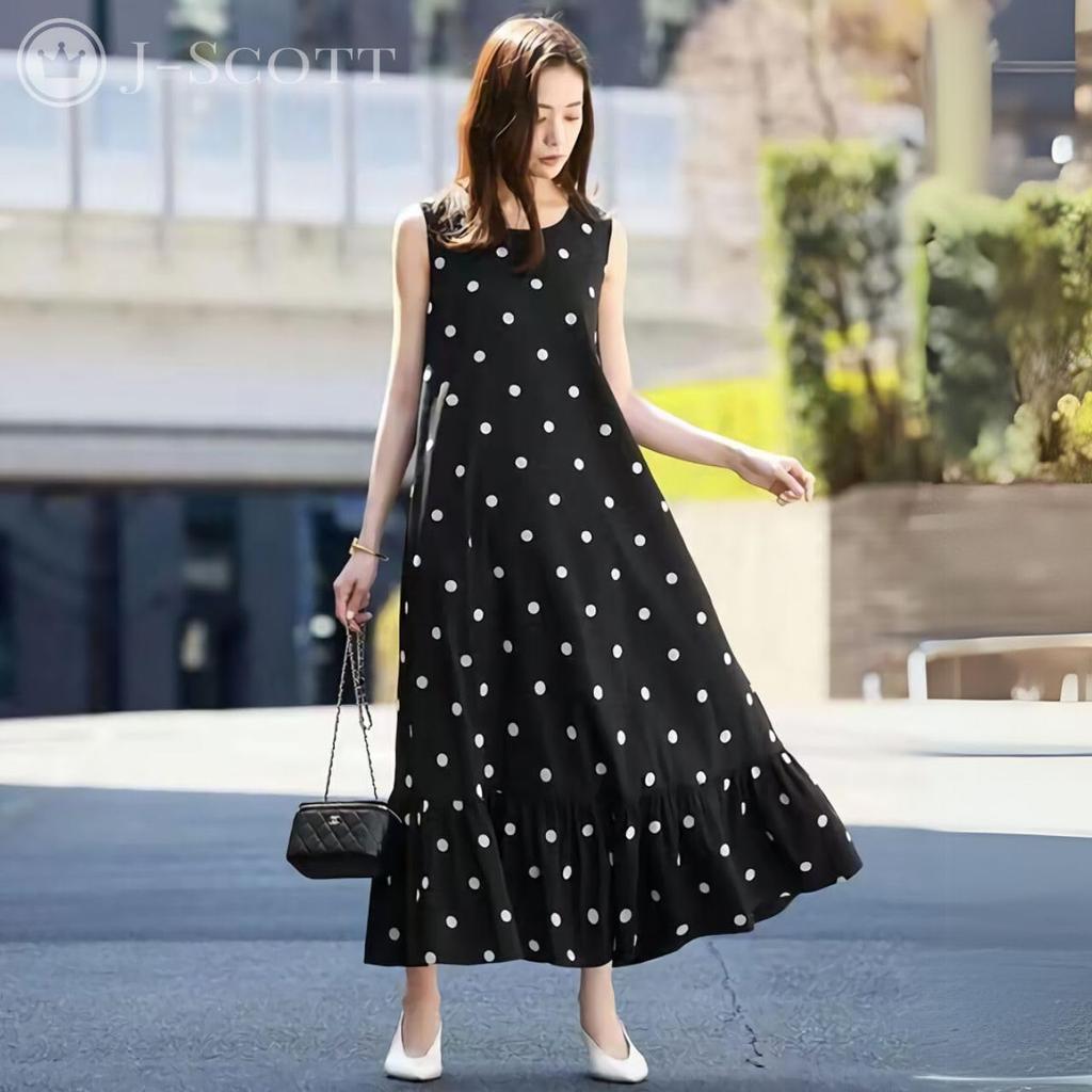 J-Scott Women's Sleeveless Polka Dot Print Long Dress, Round Neck, Summer Dress, A-Line, Sleeveless, White, JS172-WH-L